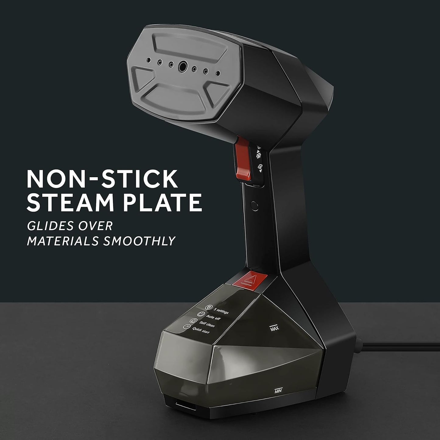 Sunbeam Professional 1575W Handheld Steamer for Clothes, Variable Temperature Control, 25-Second Fast Heat-Up, Bristle Brush, Delicate Fabric Attachment, Black and Red Finish