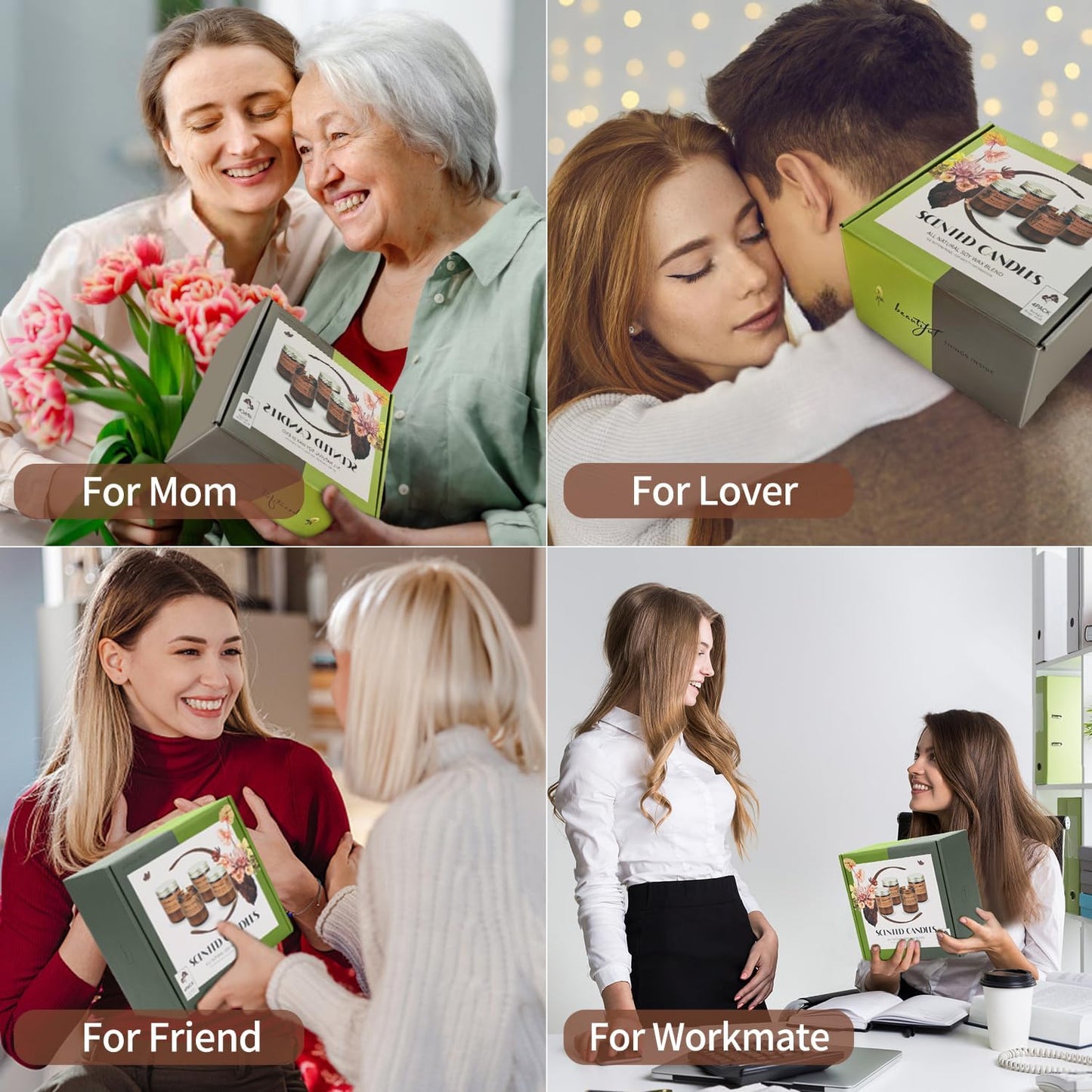 Soy Wax Candle Gift Set, 4 Pack Scented Candles for Home – Sandalwood & Fresh Rose, Lavender, Amber & Moss–Long Lasting Aromatherapy Candles for Stress Relief & Holiday Gifts for Family, Friends