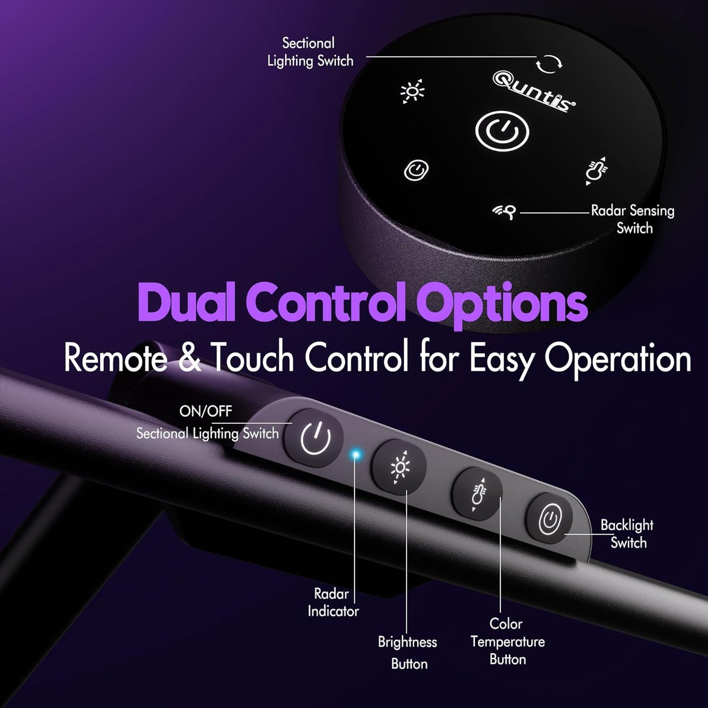 Quntis 32.5" Architect Desk Lamps for Office Home Dorm - Eye Care 3 Light Bar 1100LM Bright, Ambient Backlight, Radar Sensor, Remote Control, 2H Timer, Workbench Drafting Reading Video Conference Task