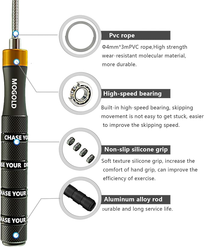 Pro Adjustable Speed Jump Rope - 10ft 4mm PVC Steel Wire with Dual Ball Bearings & 360° Spin - Metal/Rubber Ergonomic Grips for CrossFit, HIIT, Weight Loss, Home Gym Workouts for Men & Women