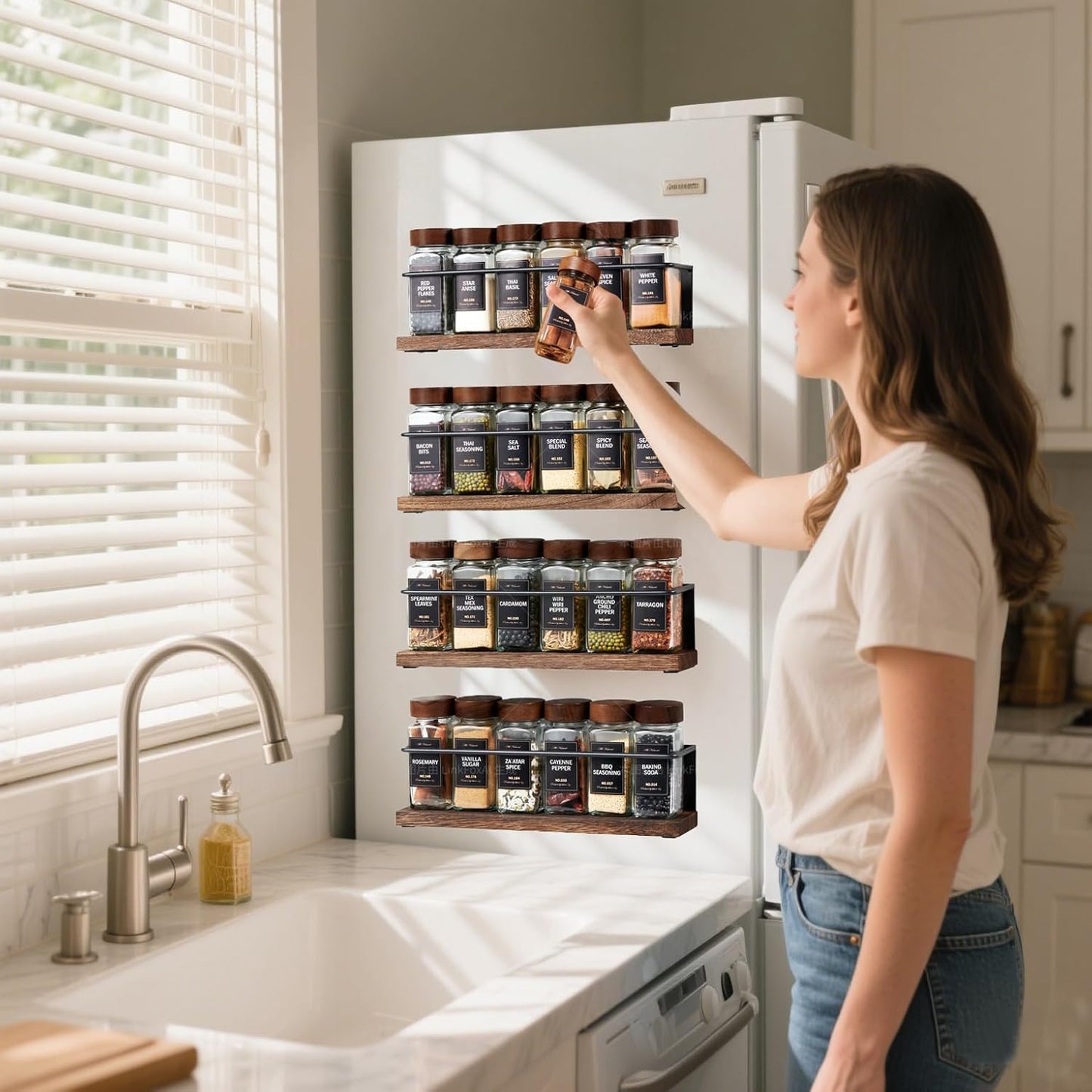 Wooden Lid Magnetic Spice Rack with 24 Jars, 216 Labels, 1 Steel Funnel for Refrigerator,Microwave Oven - Full Set of Spice Organizer