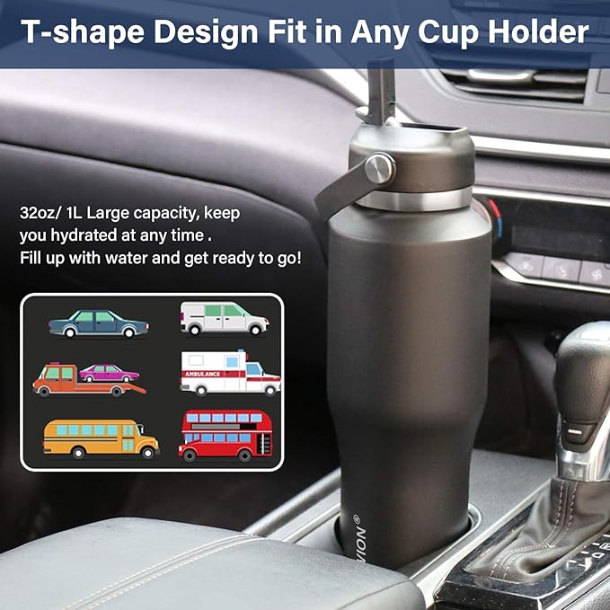 HYDROWION 40 oz Insulated Water Bottle with Straw fit in Car Cup Holder(Cold 48 hrs, Hot 24 hrs) Drinking Bottle with Straw Lid, Spout Lid and Flex Cap Leakproof Travel Thermo Mug,Mint - Black