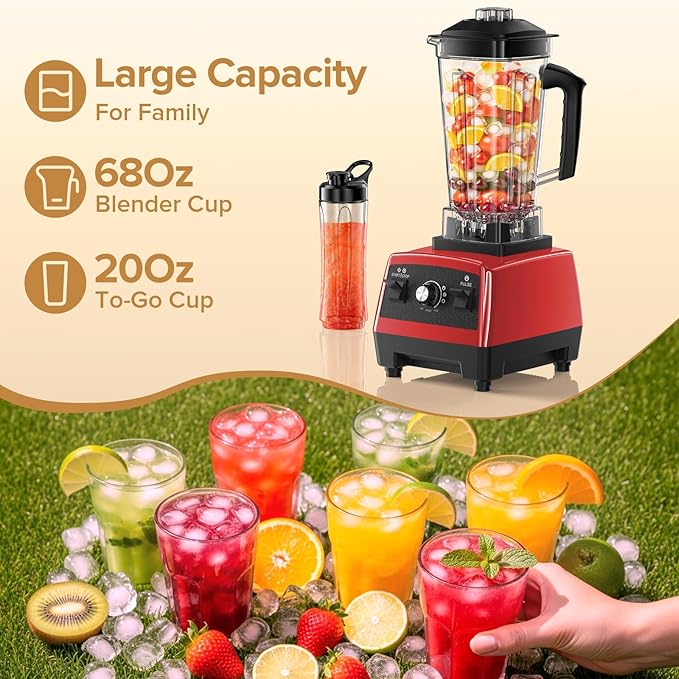 Blenders for Kitchen with 68Oz. Pitcher and 20Oz. To-go Cup, BPA-Free Countertop Blenders for Smoothies, Smoothie Blender for Ice Crush, Frozen Drinks, Red