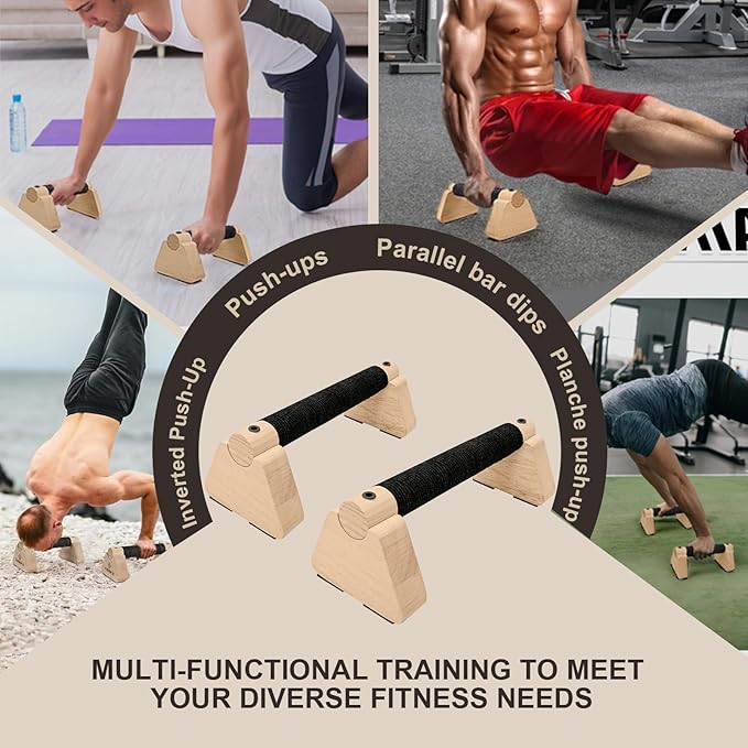 2 PCS Wooden Parallettes Bars, Wood Push Up Bars Calisthenics Equipment with Non-Slip Base, Pushup Handles Fitness Blocks for Men and Women Strength Training