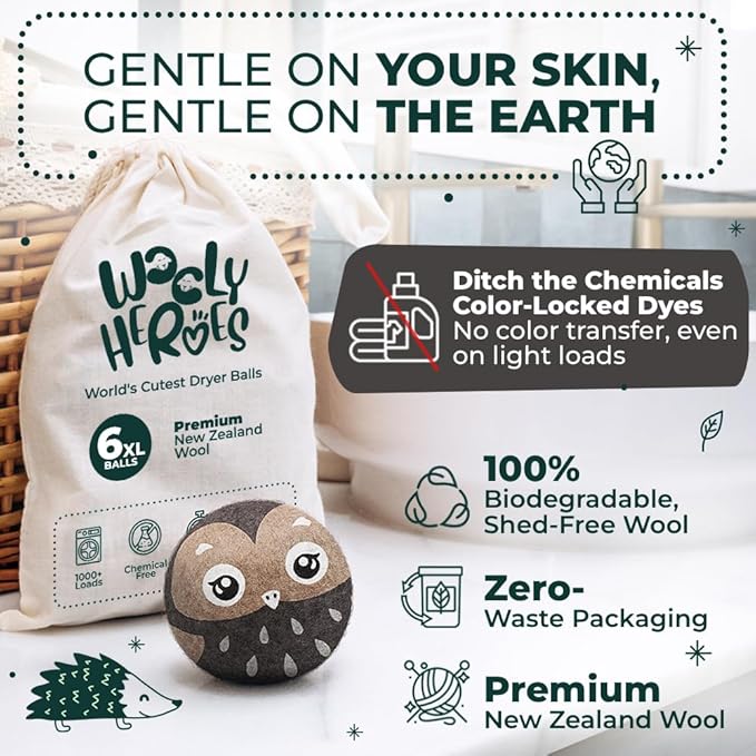 No More Dryer Sheets! Reusable Wool Dryer Balls XL 6-Pack - Reduces Static, Cuts Dry Time, & Softens Naturally