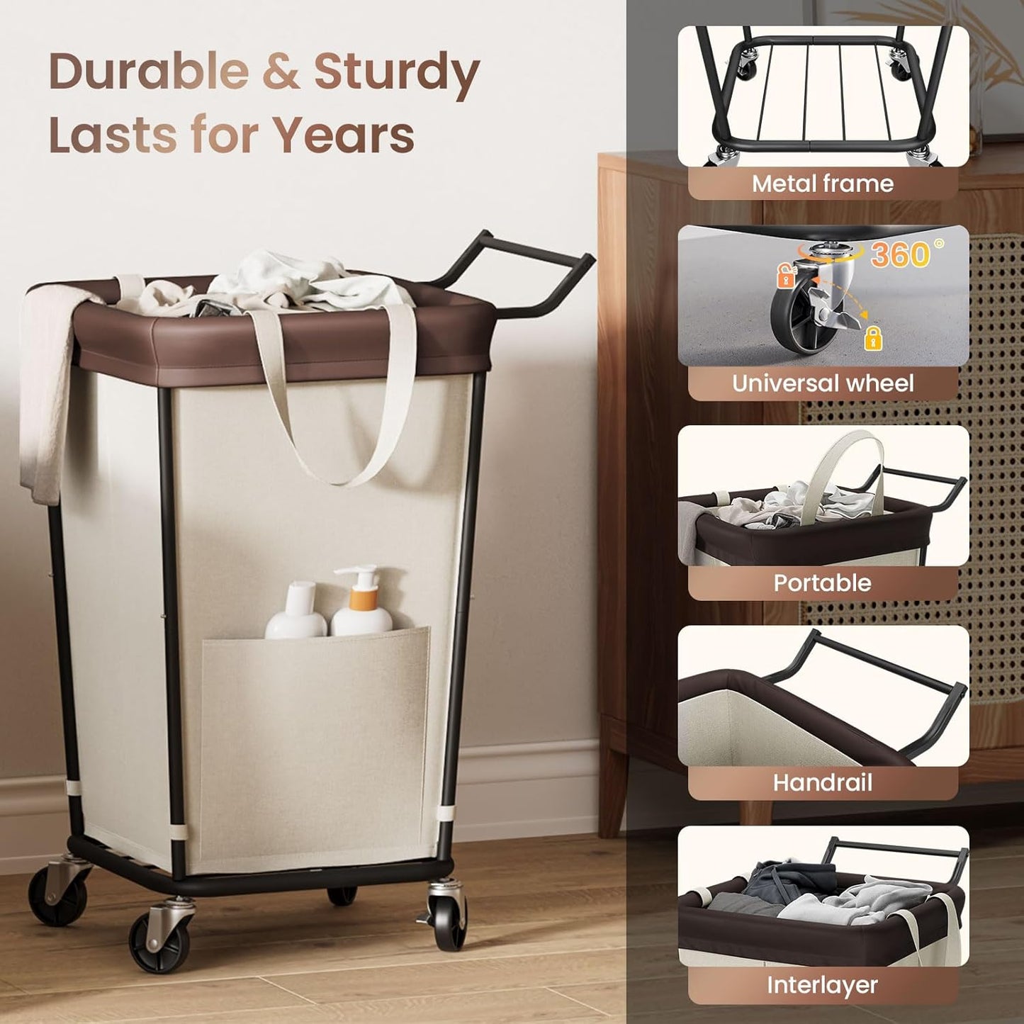 160L Laundry Hamper with Wheels and Handle, 2-Section Rolling Hamper for Laundry, Large Laundry Basket with Wheels, Rolling Laundry Basket Clothes Hamper for Home, Bathroom and Dorm(Beige)