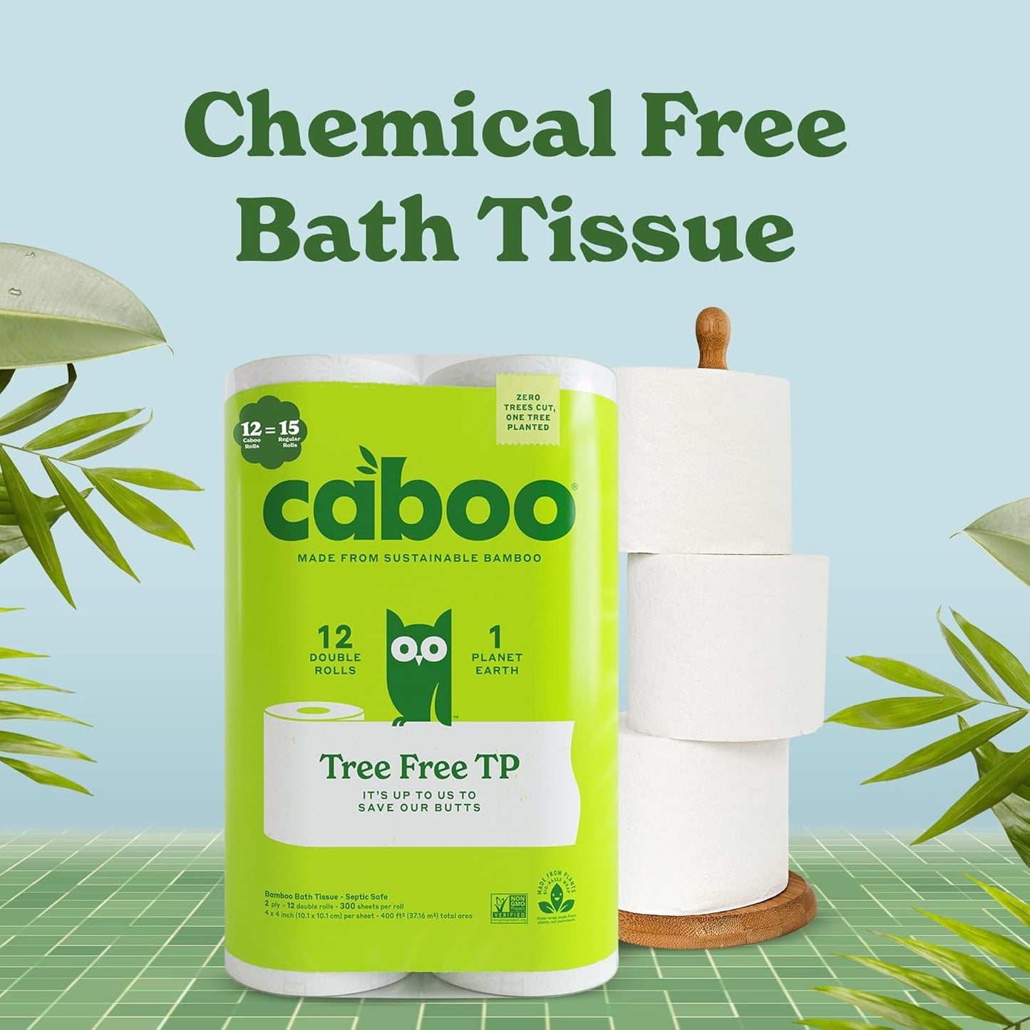 Caboo Tree Free Toilet Paper, Tree Free, Septic, Chemical Free Bath Tissue - 2 Ply Sheets, 300 Sheets Per Roll, 12 Double Rolls