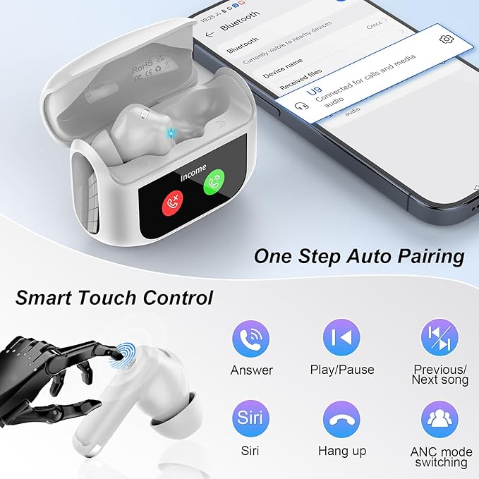 Wireless Earbuds, Bluetooth 5.4 Headphones Multi-Function Touch Screen with 5 EQ Modes, 48H Ear Buds Bass Stereo with ANC Noise Cancelling/Transparency Mode, IPX7 Bluetooth Earbuds, Ivory White
