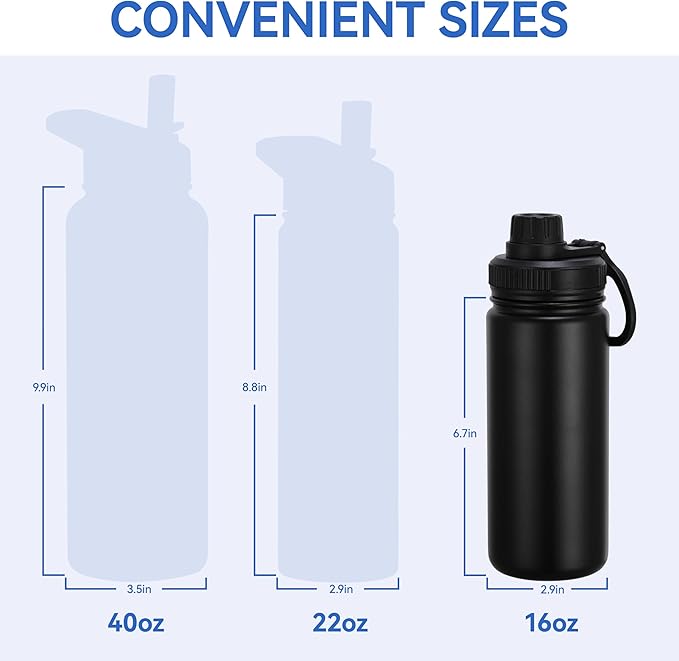 DOMICARE 16 oz Kids Water Bottle for School Stainless Steel Double Wall Vacuum Insulated Water Bottle with Straw lids & Spout Lid, Leakproof BPA Free (Black,4)