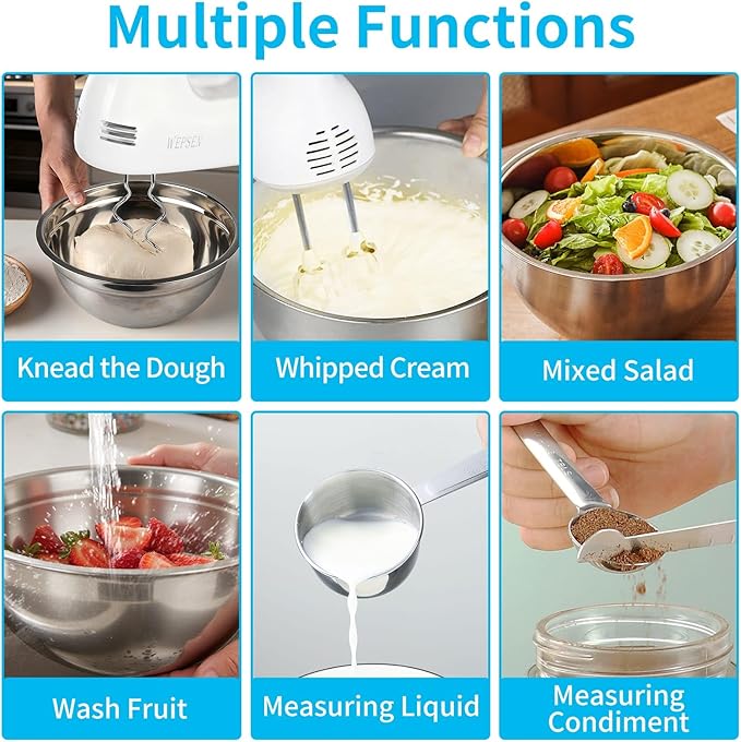 Hand Mixer Electric Mixing Bowls Set, 5 Speeds Handheld Mixer with 4 Nesting Stainless Steel Mixing Bowl, Measuring Cups Spoons 200W Kitchen Blender Whisk Beater Baking Supplies For Beginner