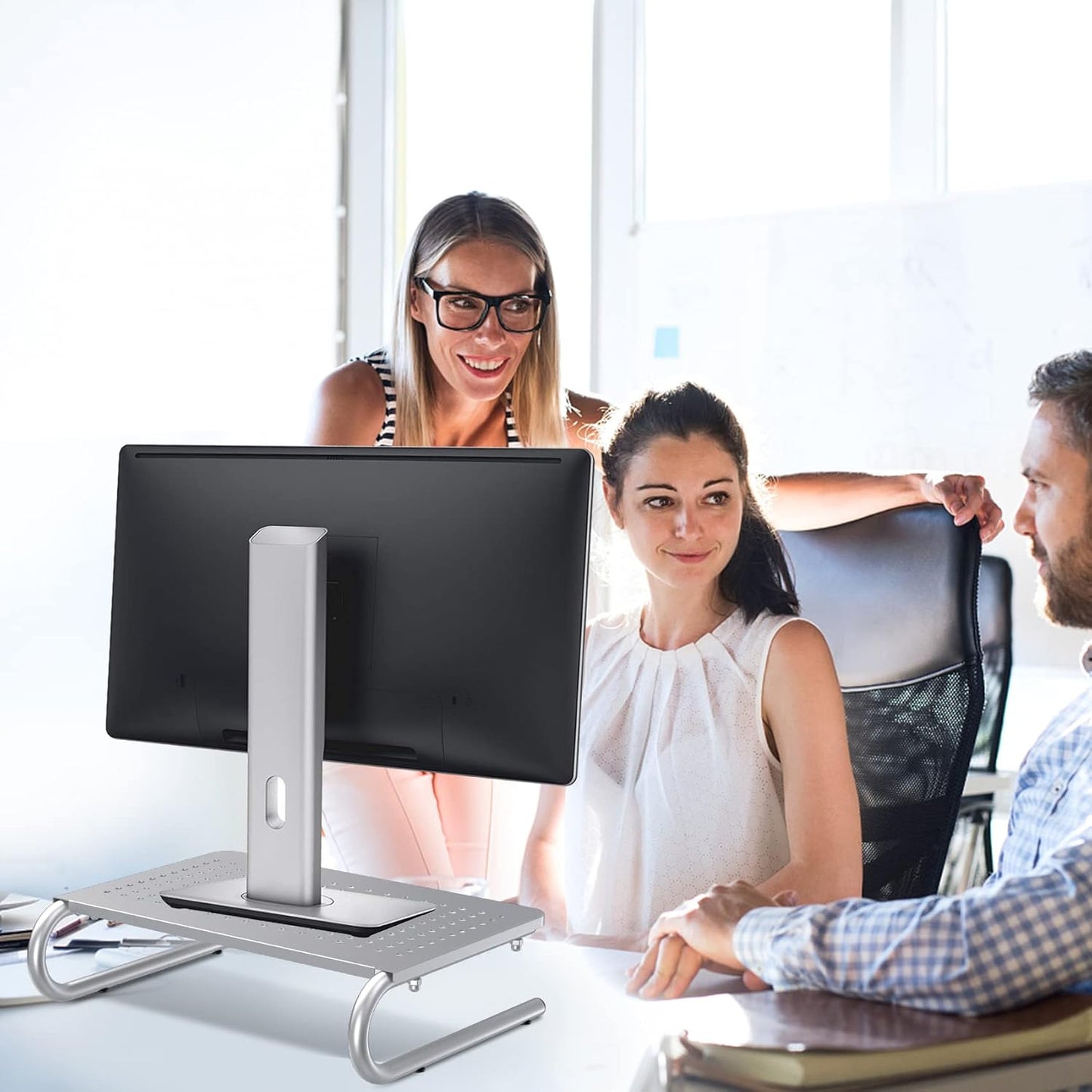 suptek Monitor Stand Riser,Computer Monitor Laptop Stand Riser for Desk,Vented Metal Platform Monitor Stand,4 inches Height Underneath Storage for Office,School Supplies(MST004S)