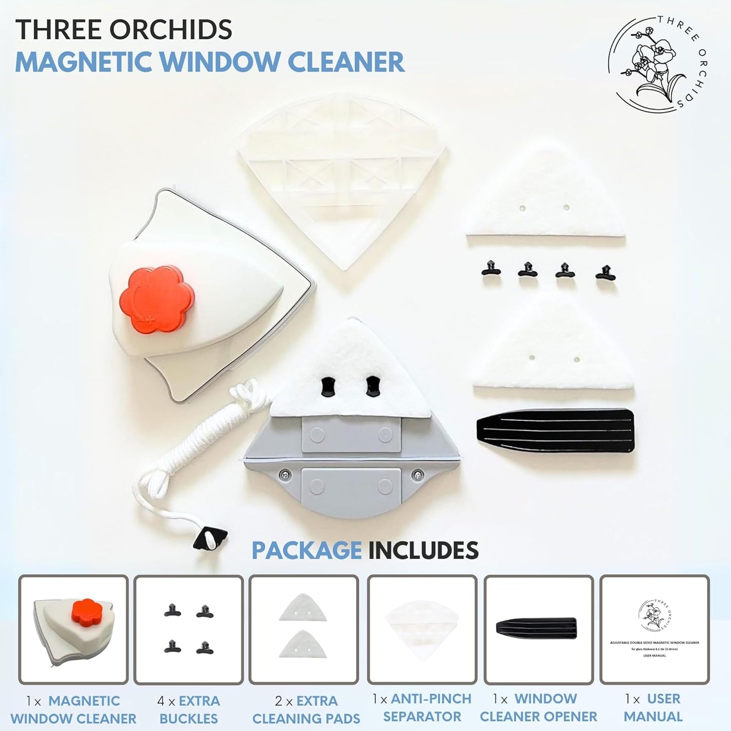 Adjustable Magnetic Window Cleaner Tool for Glass Thickness 0.1-1", Double-Sided Window Cleaning Tool for High Outside Windows and Apartments (Orange)