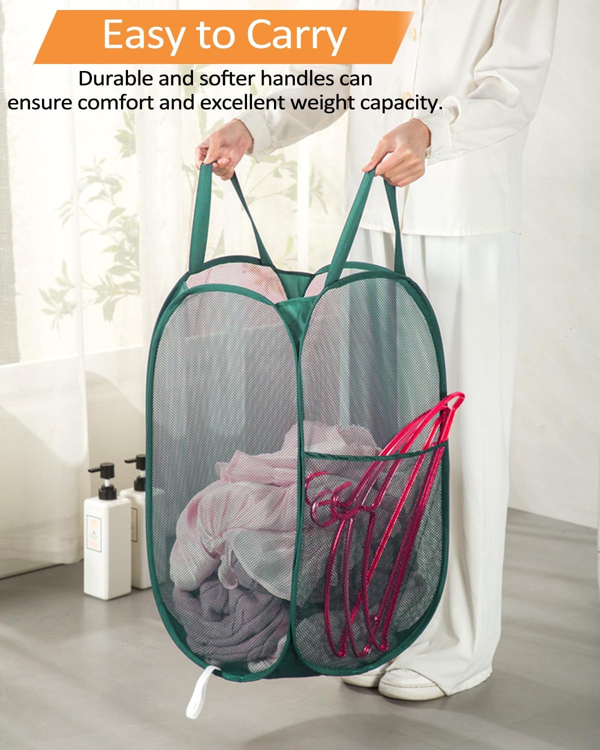 2 Pack Durable Collapsible Laundry Baskets - Reinforced Mesh Pop Up Laundry Hamper with Pocket, Foldable Dirty Clothes Hamper with Carry Handles for Laundry, Bathroom, Kids Room, Dorm or Travel Green