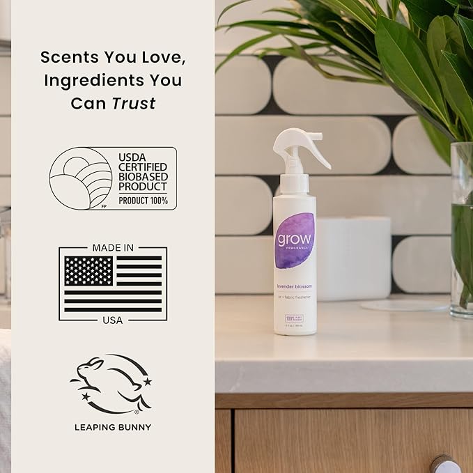 Grow Fragrance Scented Fabric and Room Air Freshener Spray - Certified Non-Toxic, 100% Plant-Based Essential Oils - 5 oz (Lavender Blossom + Black Currant Rose 2-Count)