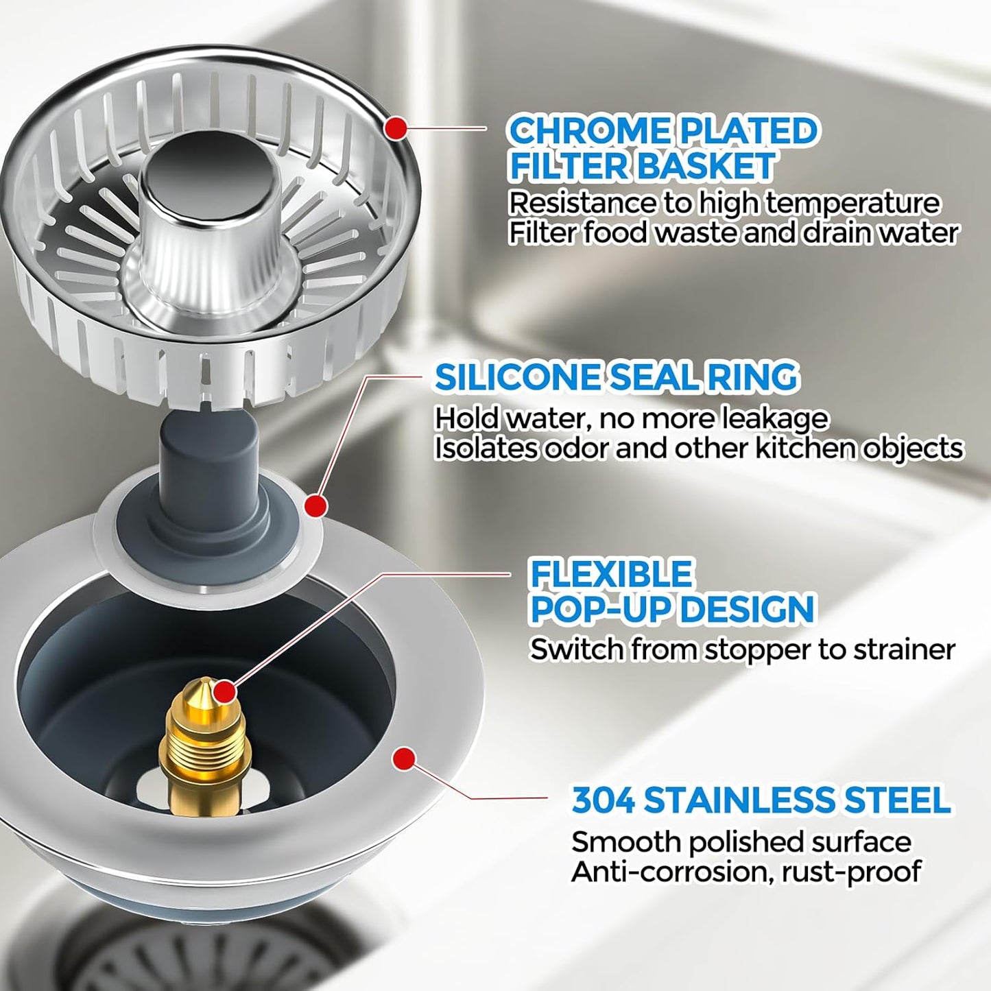 zaa Kitchen Sink Drain Strainer - Kitchen Sink Stopper,Stainless Steel Kitchen Drain Plug & Sink Installation Parts with Anti-Clogging Basket, Fit US Standard 3-1/2'' Sink Drain Hole