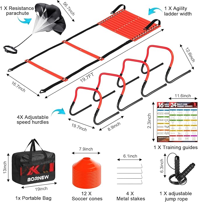 Soccer Agility Speed Training Equipment, Football Practise Set with 20 ft Agility Ladder, 12 Cones, 4 Adjustable Hurdles, Jump Rope, Parachute, for Basketball, Football, Kids, Youth, Adults