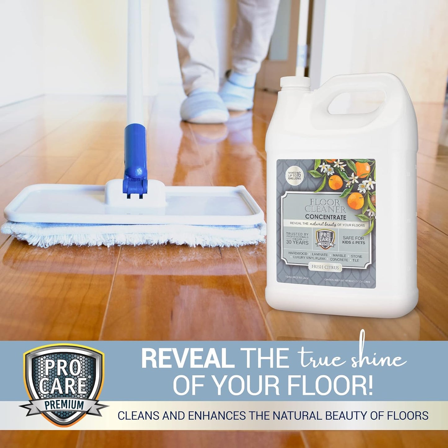 ProCare Citrus Floor Cleaner Concentrate (Made in USA) | Vinyl, Wood, Tile, Stone & Laminate Floor Cleaner For Mopping, Household Supplies, Cleaning Solution For Kitchen & Bathroom - 1 Gallon