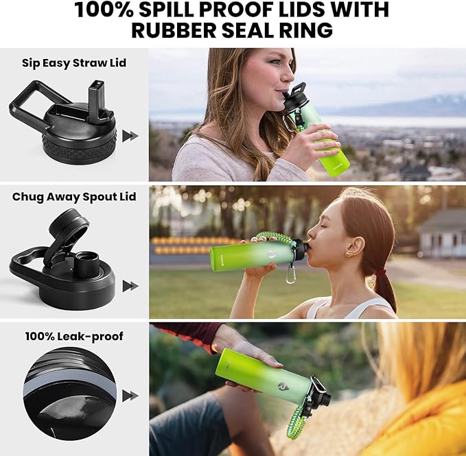 Insulated Water Bottle 24oz, Triple Wall Vacuum Stainless Steel (Cold for 48 Hrs, Hot for 24Hrs), Leak Proof & Non-BPA, 24oz Hydro Water Flask with Paracord Handle & Straw Spout Lids