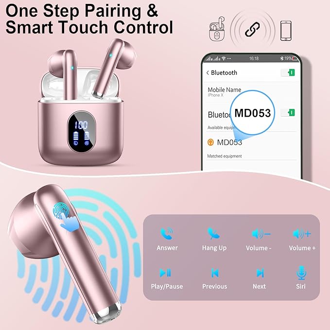Wireless Earbuds Bluetooth 5.4 with 4 ENC Microphones, 30H Playtime USB-C Charging Case, Hi-Fi Stereo Sound, IP7 Waterproof & Ultra-Mini 3g Design for iPhone Android Gym Running, 2025 Upgraded