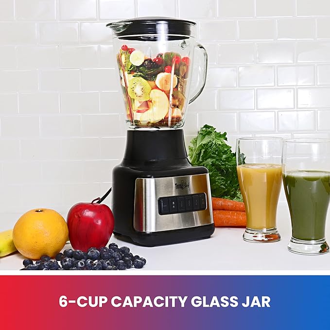 Total Chef Countertop Blender - Electric Mixer, Milkshake, Puree Maker, Frozen Smoothie, Shakes, Licuadora Grinder Kitchen Appliance With 6 Speed & Pulse Function, Dishwasher Safe Glass Pitcher, Black