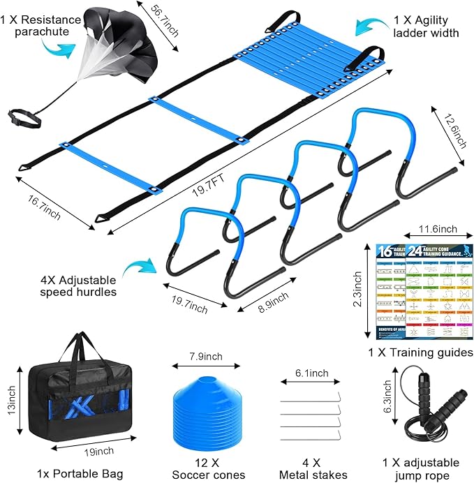 Soccer Agility Speed Training Equipment, Football Practise Set with 20 ft Agility Ladder, 12 Cones, 4 Adjustable Hurdles, Jump Rope, Parachute, for Basketball, Football, Kids, Youth, Adults