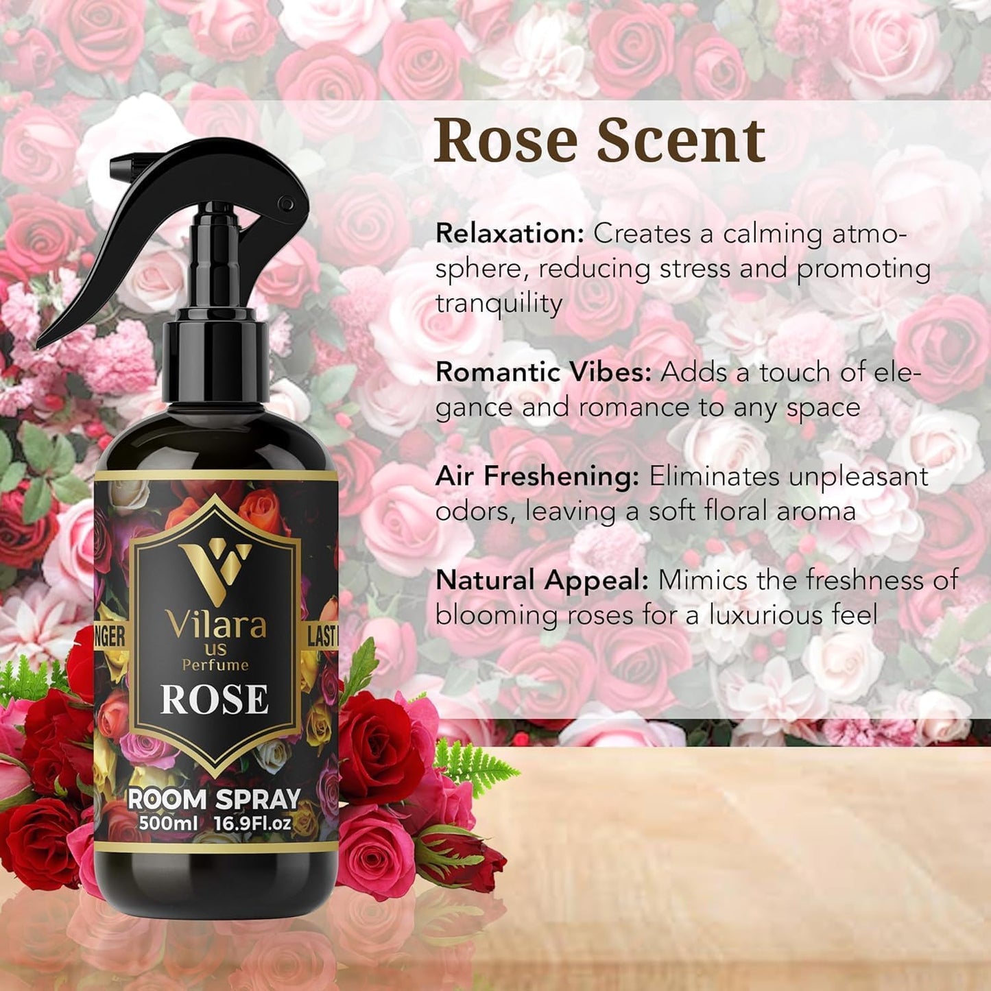 Vilara US Room Spray Freshener – Long-Lasting Luxury Perfume Scent, Linen & Fabric Spray for Bedding, Furniture, Home & Bedroom Aromatherapy – 16.9 fl oz (Rose Pack 3)