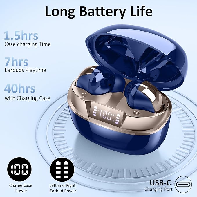 Wireless Earbuds, Bluetooth 5.4 Headphones in Ear, Mini Bluetooth Earbuds HiFi Stereo Deep Bass with 4 ENC Noise Cancelling Mic, Wireless Ear Buds 47H Long Playtime LED IP7 Waterproof USB-C(Blue)