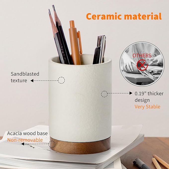 Pen Holder for Desk, Ceramic Pencil Organizer & Makeup Brush Holder, Office Decor and Desk Accessories,Perfect Office Organization,Teacher Supplies (White, Set / 1)