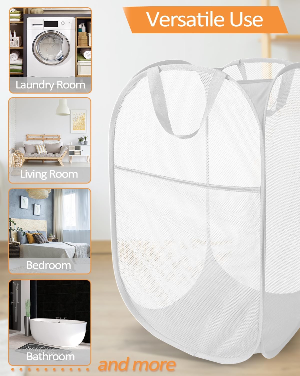 2 Pack Durable Collapsible Laundry Baskets - Reinforced Mesh Pop Up Laundry Hamper with Pocket, Foldable Dirty Clothes Hamper with Carry Handles for Laundry, Bathroom, Kids Room, Dorm or Travel White