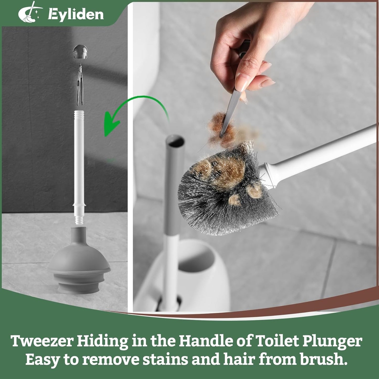 Eyliden 2 Pack Toilet Plunger & Brush Set, Upgrade 3-Step Suction Cup - Ultra-Tight Seal, Durable, Space-Saving Toilet Deep Cleaning Combo with Holder, Bathroom Essentials (2 Pack, White & Grey)