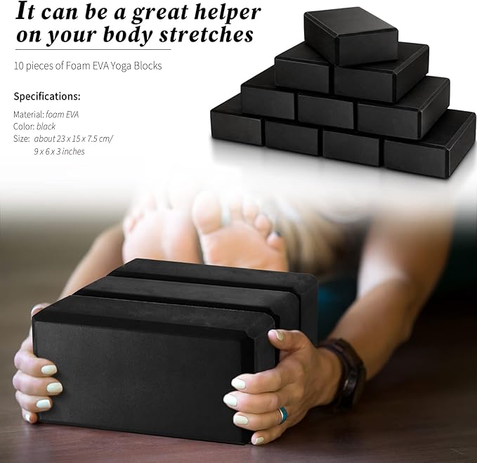 Yilloog 10 Pcs Foam Eva Yoga Blocks Non Slip Lightweight Bricks Yoga Bulk Supportive Blocks Prop Accessories for Pilates Stretching and Meditation Women Men Yogi Beginners, Black