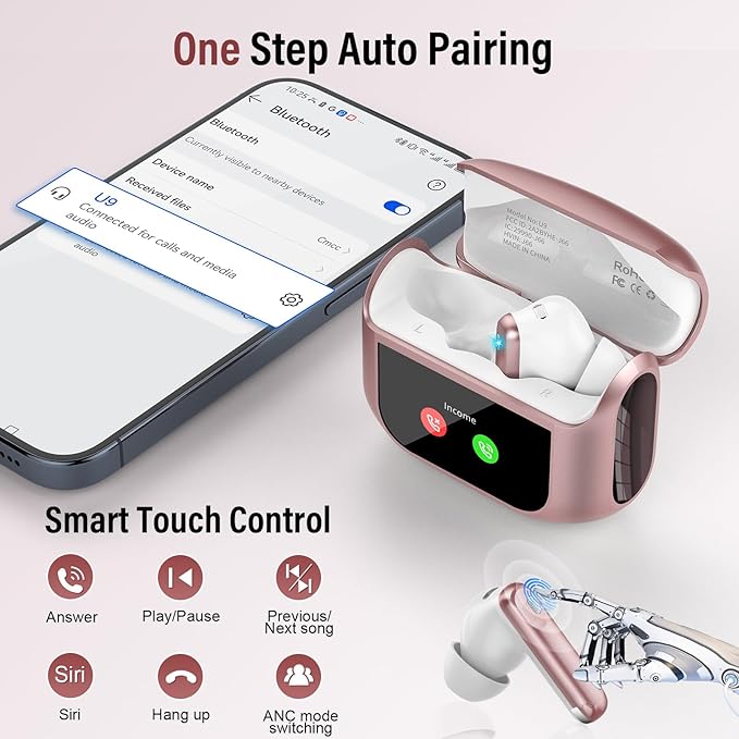Wireless Earbuds, Bluetooth 5.4 Ear Buds with Multifunctional Touch Screen, 48H Bass Stereo Headphones with ANC/ENC Noise Cancelling/Transparency Mode, IPX7 Earphones with 5 EQ Modes, Rose