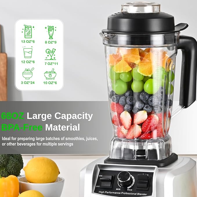 Kitchen in the box Blender 68 OZ, 1500 Watt Professional Smoothie Blenders with Stainless Steel Blades, BPA Free Blender for Frozen Drinks, Ice Crush, Protein Shakes (Silver)