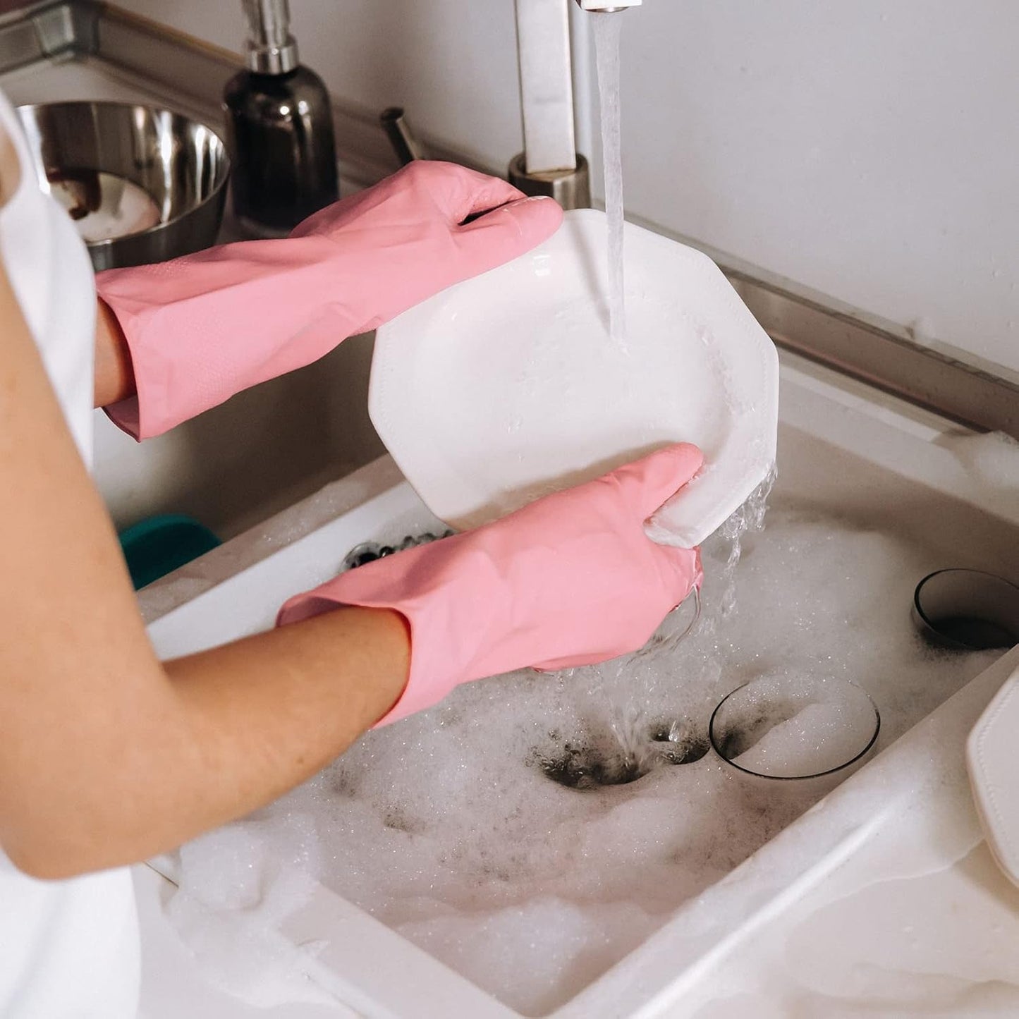 3 Pairs Rubber Cleaning Gloves Latex Free Dishwashing Gloves - 13" Reusable Nitrile Gloves Large, Green+Pink+Orange