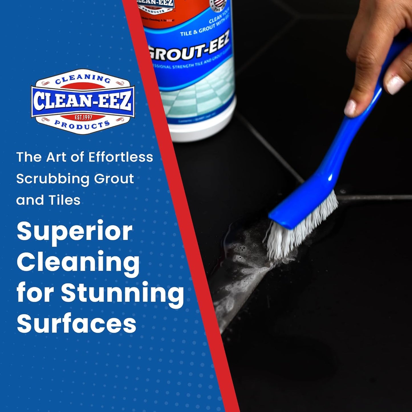 Clean-EEZ Grout Brush Combo Kit - Stand Up & Handheld V-Shaped Brushes with Curled Bristles - Easy Grout Cleaning Without Bending - Perfect for Tile, Showers & Hard-to-Reach Spots - Durable