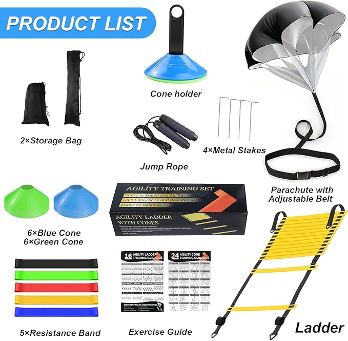 Speed Agility Training Equipment Set, Agility Ladder 20ft, 12 Football Cones, Resistance Parachute/Soccer Kick Trainer, Jump Rope, 5 Resistance Bands, Football Practice Equipment for Kids Adults