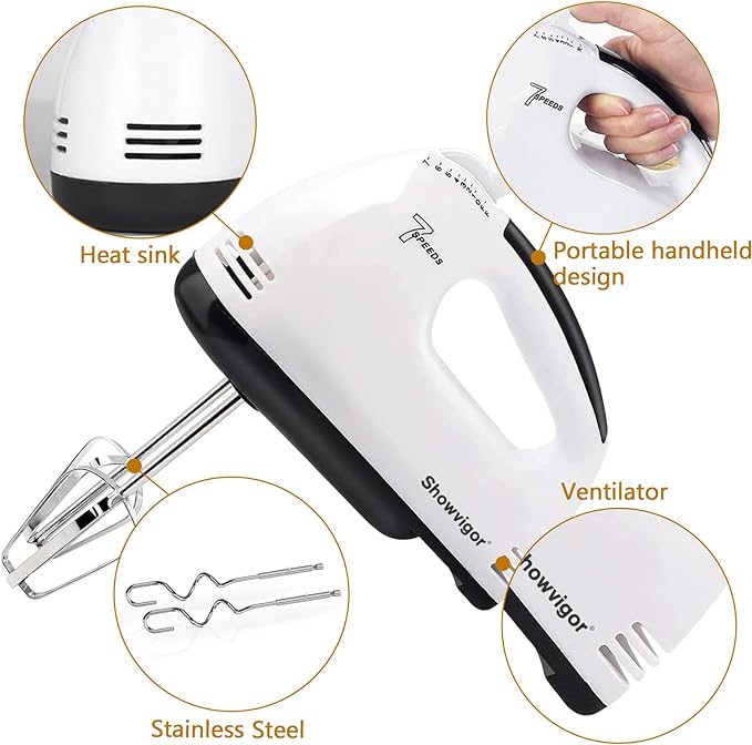 Handmixer Electric Handheld - 7 Speed Portable Kitchen Mixer Electric with 5 Stainless Steel Accessories Whisk, Food Beater for Whipping Mixing Cookies Cakes Eggs Dough