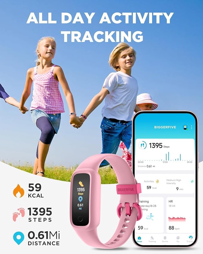BIGGERFIVE Vigor 2 L Kids Fitness Tracker Watch for Boys Girls Ages 5-15, Activity Tracker, Heart Rate Sleep Monitor, IP68 Waterproof, Pedometer, Calorie Step Counter Watch, Pink