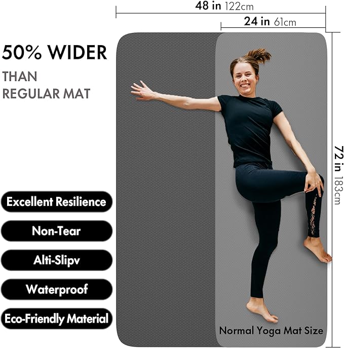 FrenzyBird Large Yoga Mat 6'x 4'(72”x 48”)—1/4" &1/3" Extra Wide Exercise Mat 183cm x 122cm Large Exercise Mat Big Home Yoga Mat Pilates Mat,Non Slip,Thick,TPE Workout Mat,for Women & Men, Yoga, Pilates, Gym and Floor Workouts Pilates