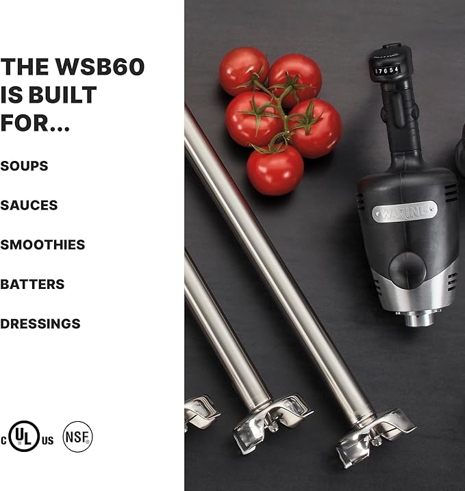 Waring Commercial WSB60 Big Stix Heavy Duty Immersion Blender, 16" Removable Shaft, 1 HP/700 Watt Variable Speed Motor, 120V, 5-15 Phase Plug,Black/Silver,25-Gallon