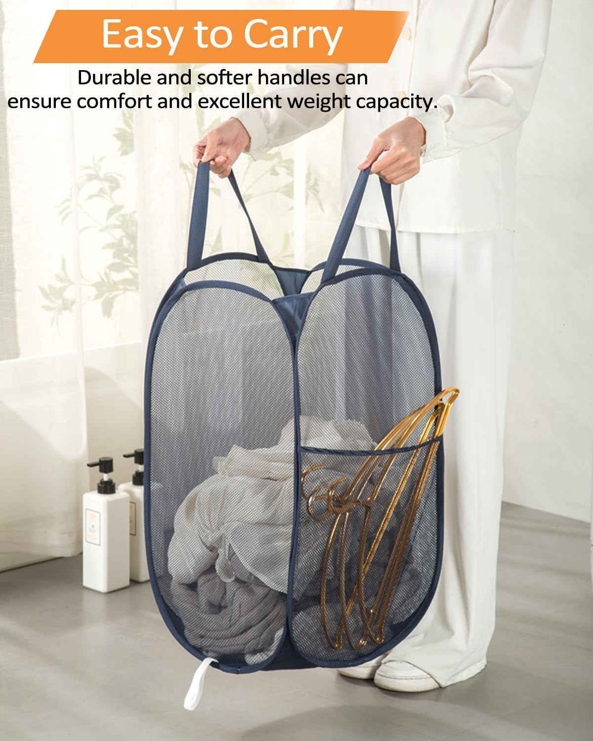 2 Pack Durable Collapsible Laundry Baskets - Reinforced Mesh Pop Up Laundry Hamper with Pocket, Foldable Dirty Clothes Hamper with Carry Handles for Laundry, Bathroom, Kids Room, Dorm or Travel Navy