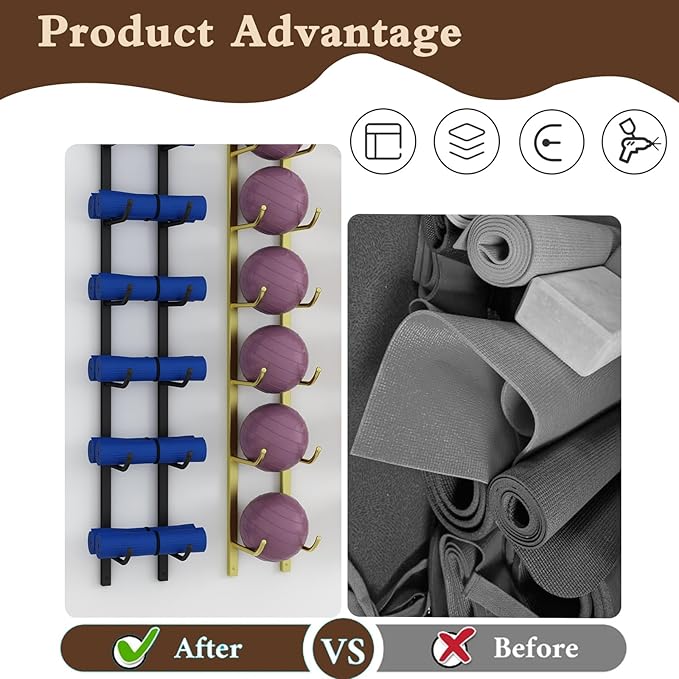 Yoga Mat Storage Rack, Wall Mounted Yoga Mat Holder, Large Capacity Storage Shelf, Multi-layer Storage, Home Hanging Storage Racks, Suitable for Home, Yoga Studio, Gym, School(Gold,6-Tier)