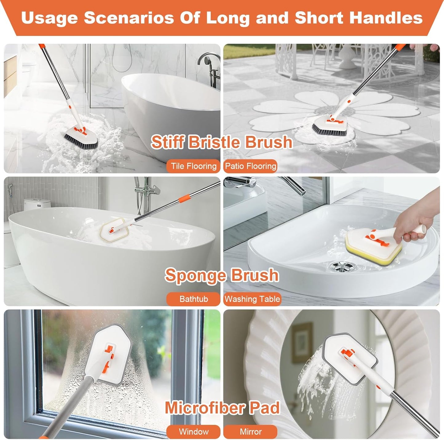 Long Handled Scrub Brush for Shower,3-in-1 Cleaning Brushes with 3 Different Function Cleaning Heads Brush for Shower Cleaning Bathroom Kitchen Walls Tub Tile