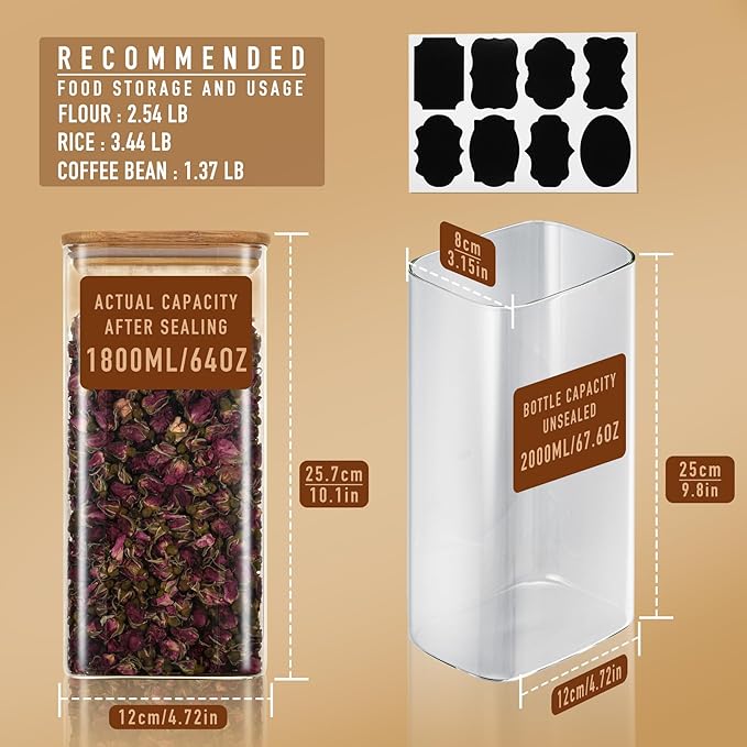 64oz Rectangle Airtight Glass Storage Containers with Bamboo Lids (Set of 3), Square Food Storage Jar, Pantry Organizers for Cereal, Flour, Pasta and Coffee beans (with Black Lable)