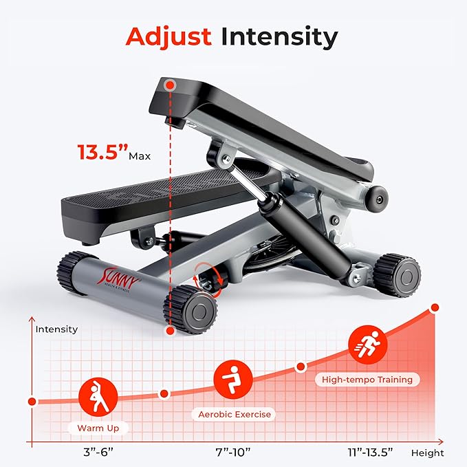 Sunny Health & Fitness Mini Stepper for Exercise at Home, Stair Step Workout Machine with Resistance Band and Over 300lb Weight Capacity, Optional Twist Motion and Free SunnyFit App Connection