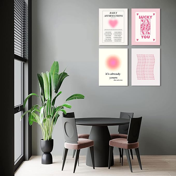 Hwetui Framed Preppy Pink Aura Wall Art Daily Affirmations posters Trendy Y2K Canvas Prints Cute Lucky You Painting Retro Aesthetic Room Decor Picture for College Dorm Bedroom 12x16Inch Set of 4