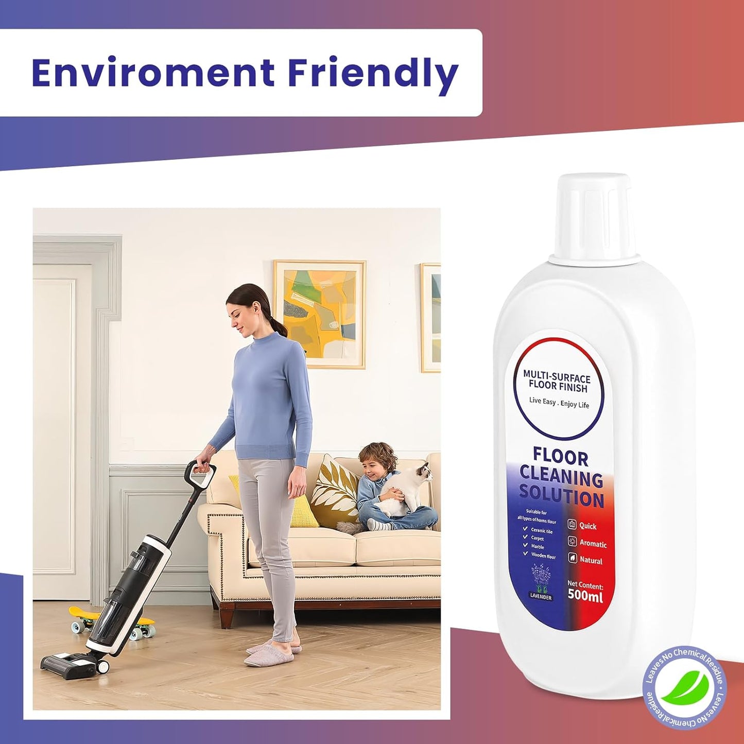 Floor Cleaning Solution Compatible with Tineco/Roborock, Deep Cleans of Multiple Hard Floors for All Mopping Robot Vacuums and Cordless Wet/Dry Vacuum Mop Cleaner, Lavender Scent, 1000ml, 2 Bottles