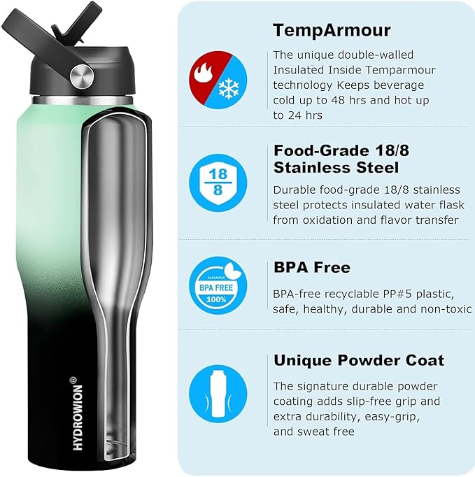HYDROWION 40 oz Insulated Water Bottle with Straw fit in Car Cup Holder(Cold 48 hrs, Hot 24 hrs) Drinking Bottle with Straw Lid, Spout Lid and Flex Cap Leakproof Travel Thermo Mug,Mint - Black