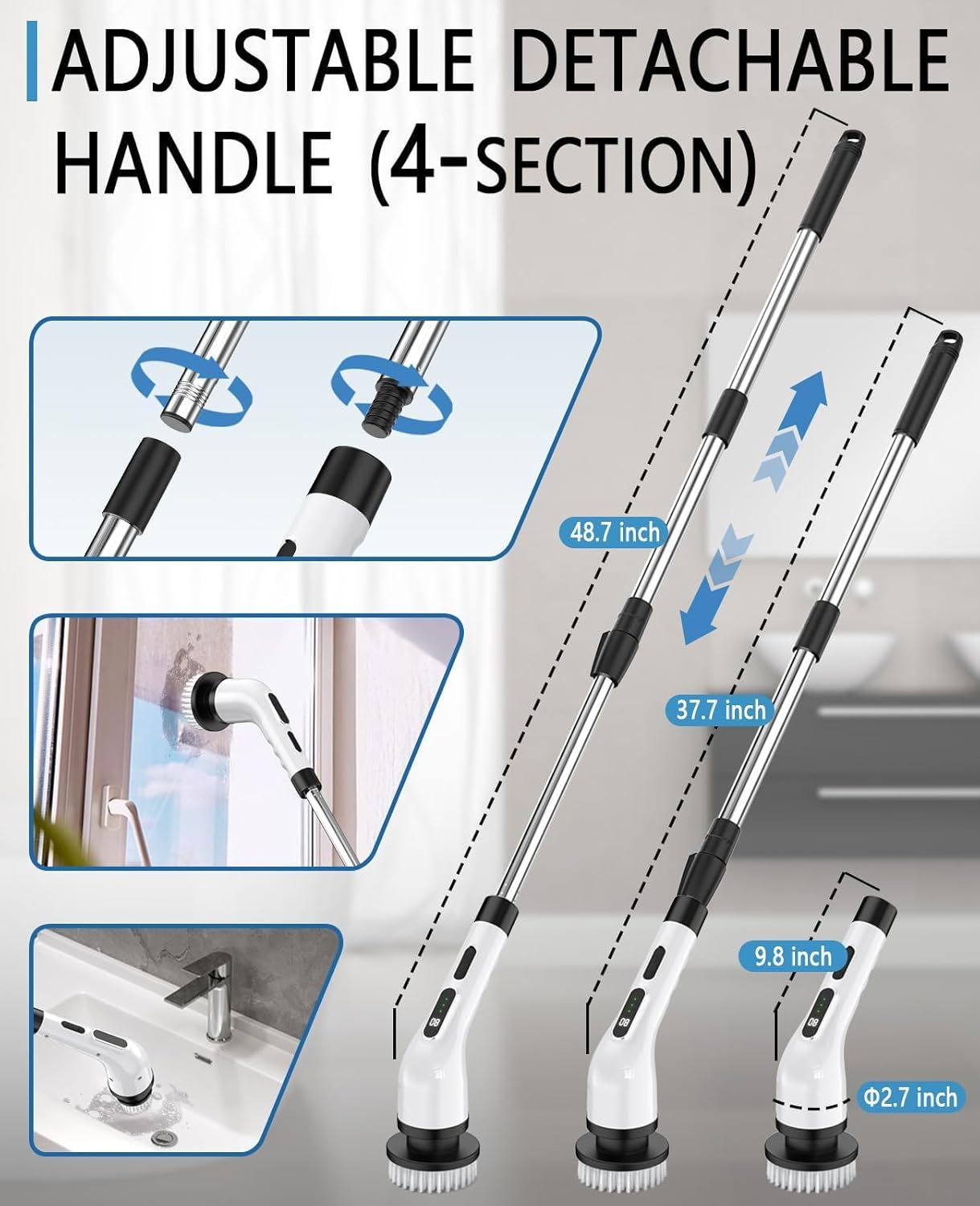 Electric Spin Scrubber Cordless - 3 Speed Rechargeable, Adjustable & Detachable Handle, 9 in 1 Brush Heads Power Scrub Brushes for Cleaning Supplies Shower Bathroom Tub Kitchen Tile Floor