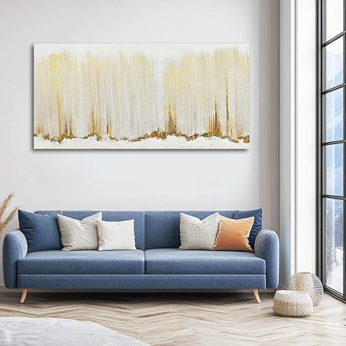 WINKAILIN Gold Wall Art White Line Canvas Paintings Wave Wall Decor for Bedroom Minimalist Abstract Pictures for Walls 24x48 Inch Poster for Office Living Room